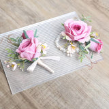 Sonder Wedding Buttonhole + Wrist Corsage (deep pink rose)