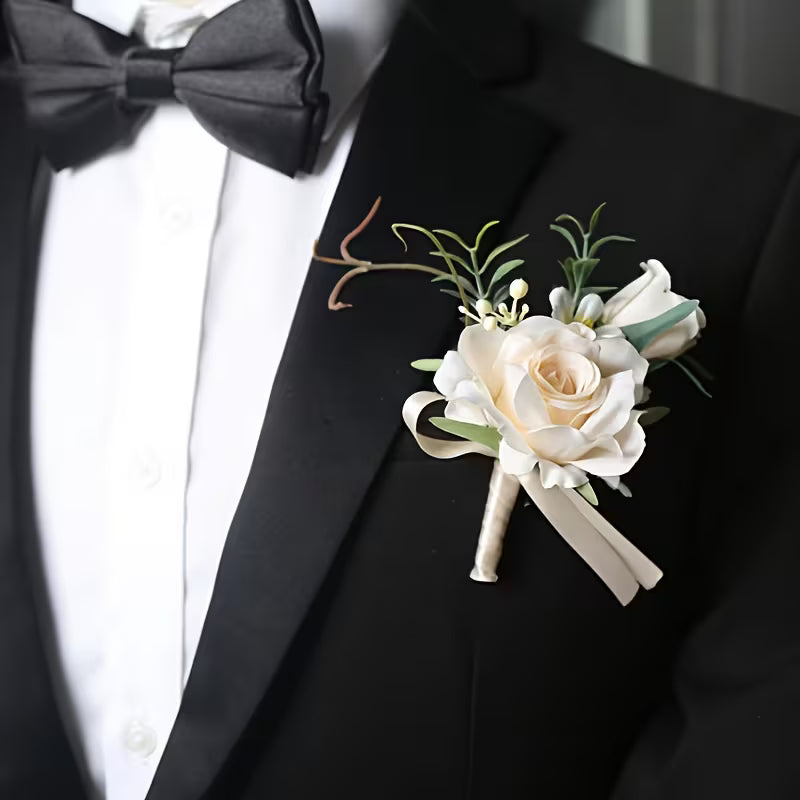 Sonder Wedding Buttonhole + Wrist Corsage (champagne rose)