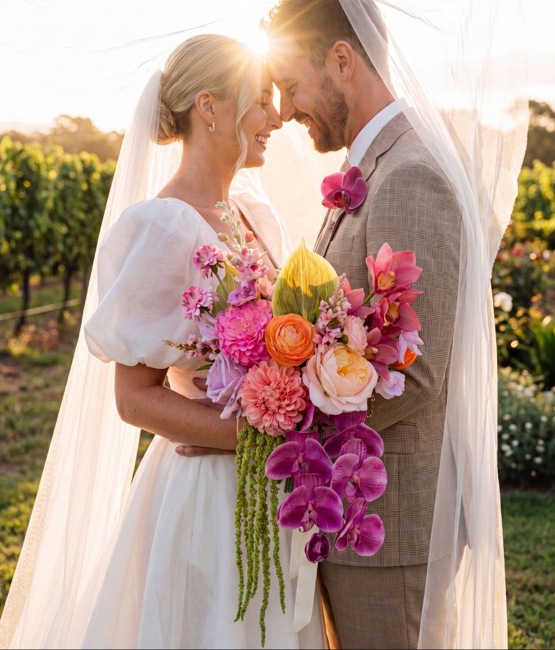 Couple on their wedding day with a colorful bouquet in a vineyard setting
