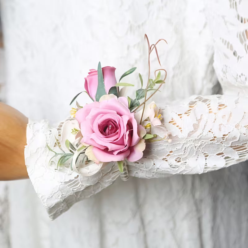 Sonder Wedding Buttonhole + Wrist Corsage (deep pink rose)