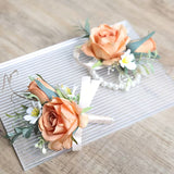 Sonder Wedding Buttonhole + Wrist Corsage (orange rose)