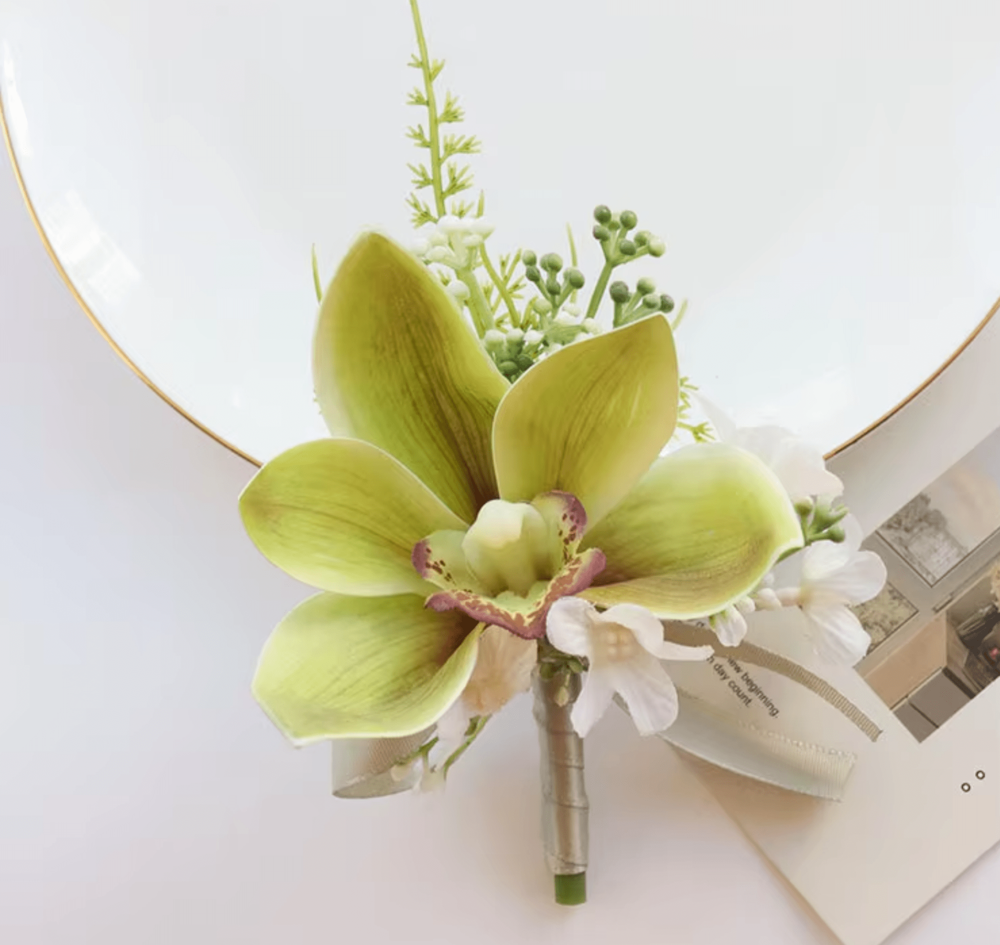 Sonder Wedding Buttonhole (green orchid) - Sonder + Stone Boutique Artificial Wedding Flowers