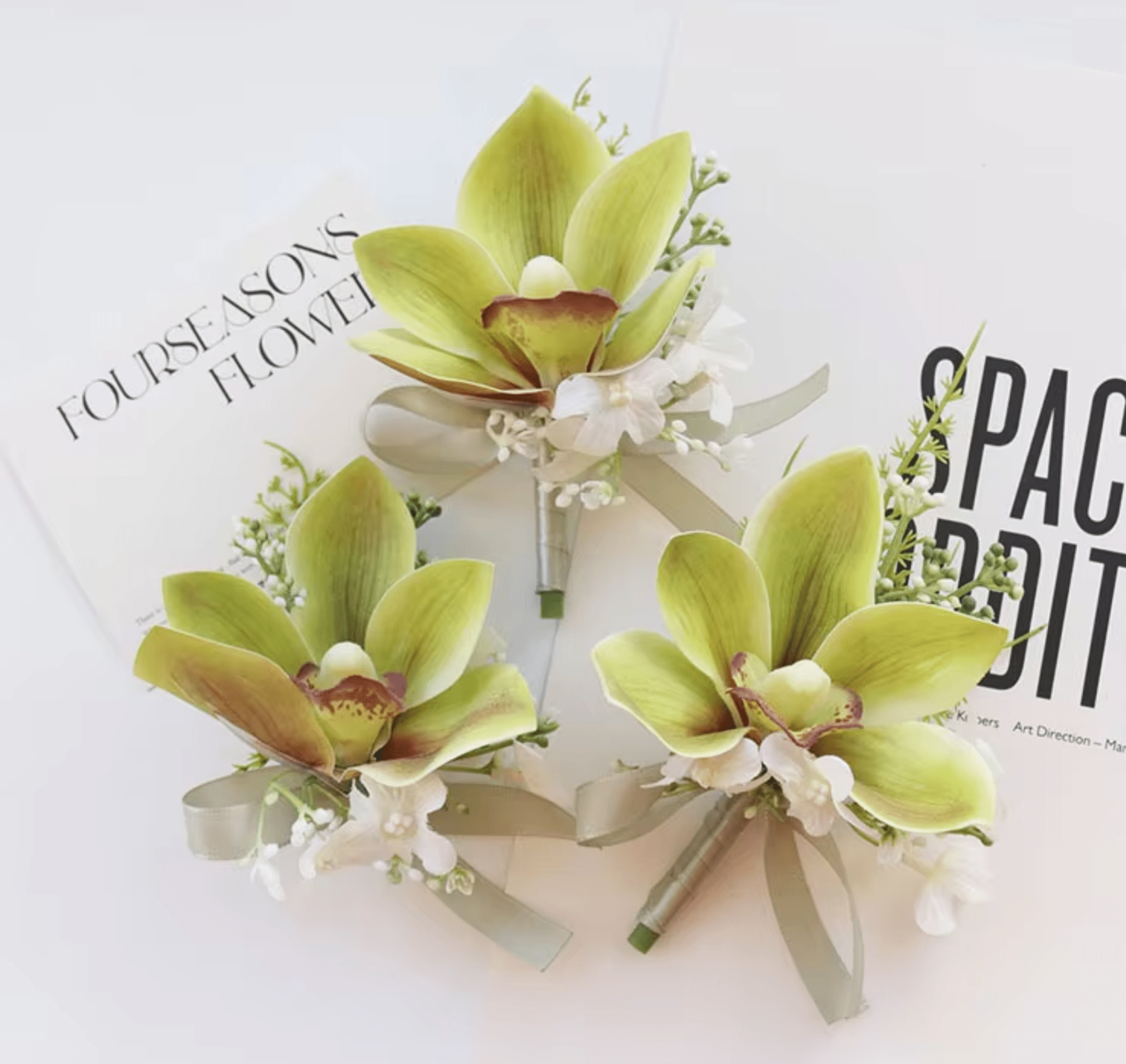 Sonder Wedding Buttonhole (green orchid) - Sonder + Stone Boutique Artificial Wedding Flowers