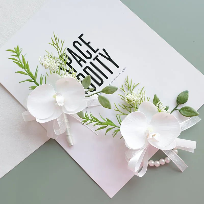 Sonder Wedding Buttonhole + Wrist Corsage (white orchid) - Premium Artificial Wedding Flowers by Sonder & Stone Boutique