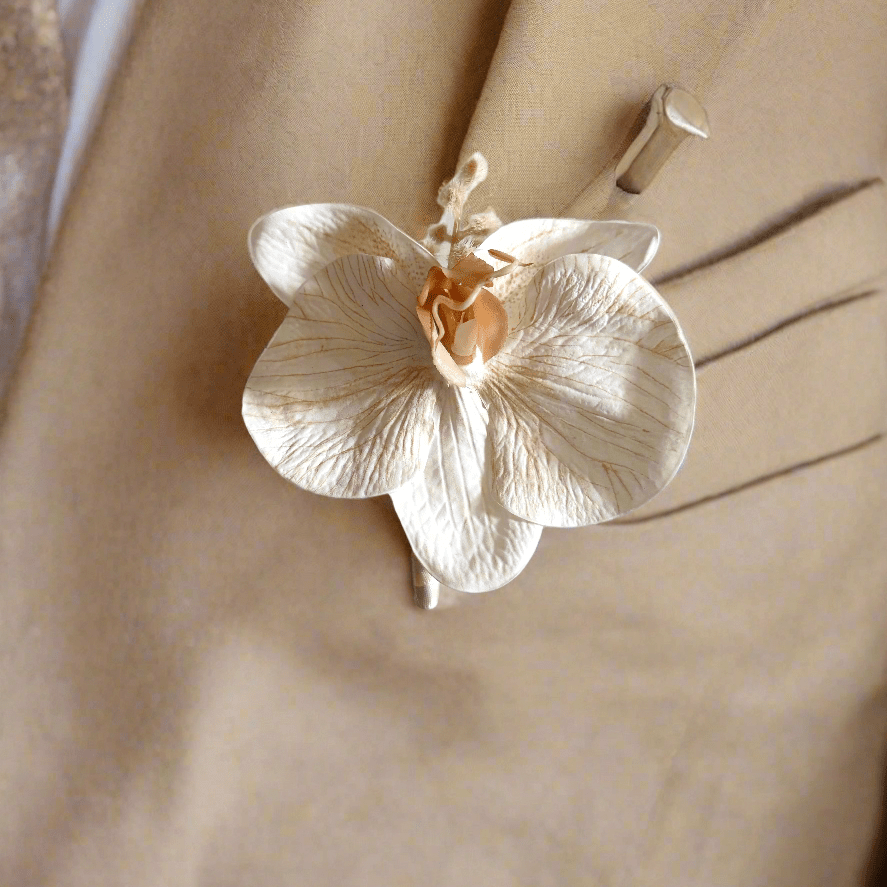 Sonder Wedding Buttonholes (latte orchid) - Sonder + Stone Boutique Artificial Wedding Flowers
