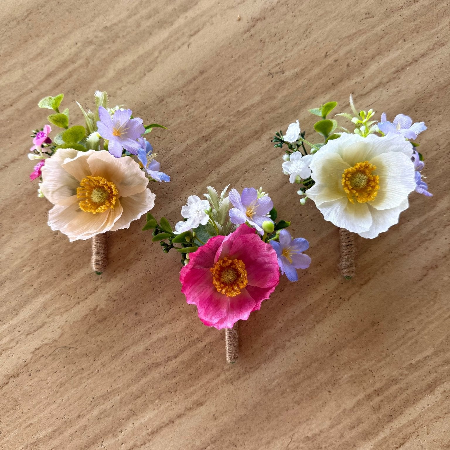 Sonder Wedding Buttonholes (poppy mix) - Sonder + Stone Boutique Artificial Wedding Flowers