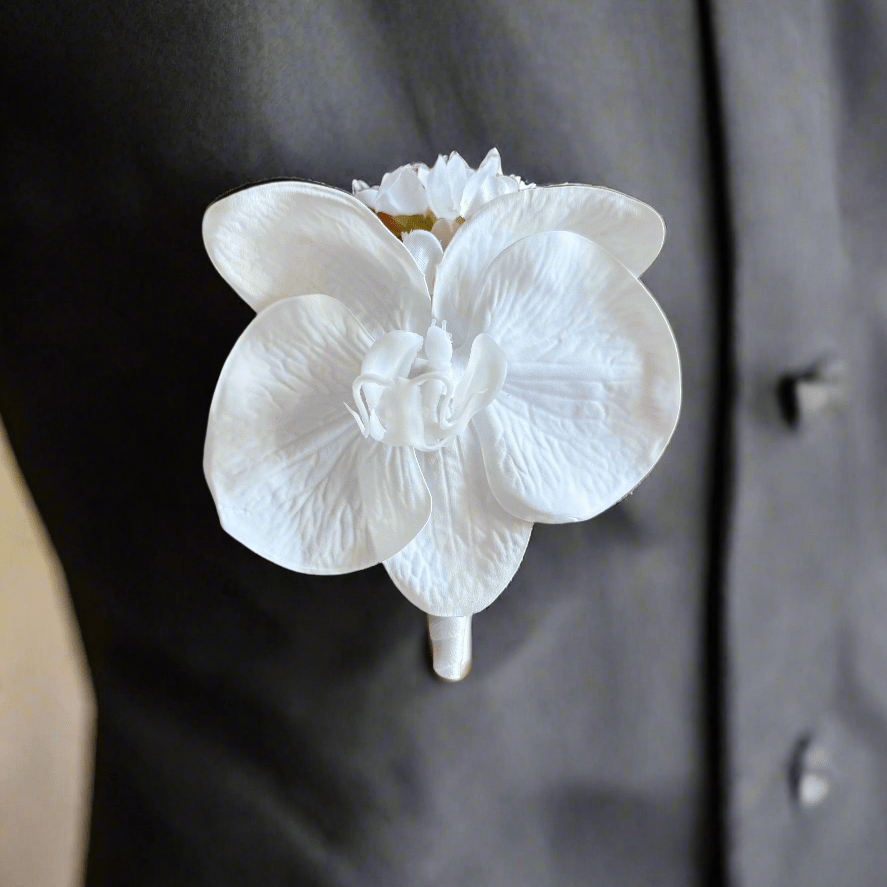 Sonder Wedding Buttonholes (white orchid) - Sonder + Stone Boutique Artificial Wedding Flowers