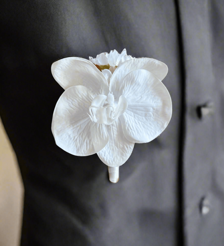 Sonder Wedding Buttonholes (white orchid) - Sonder + Stone Boutique Artificial Wedding Flowers