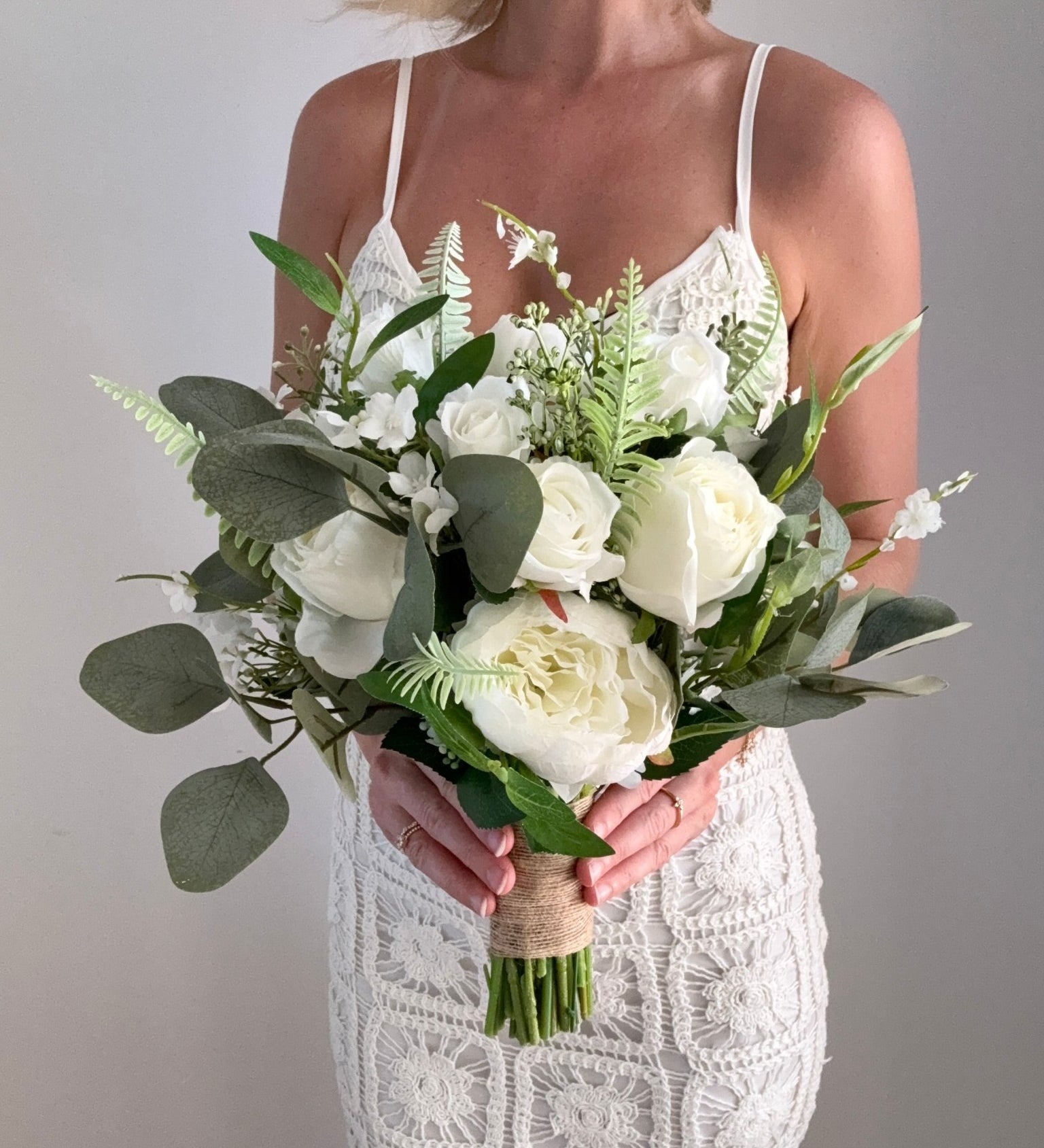 Artificial flowers Wedding Bouquet - White Rose + Greenery - Sonder + Stone Boutique