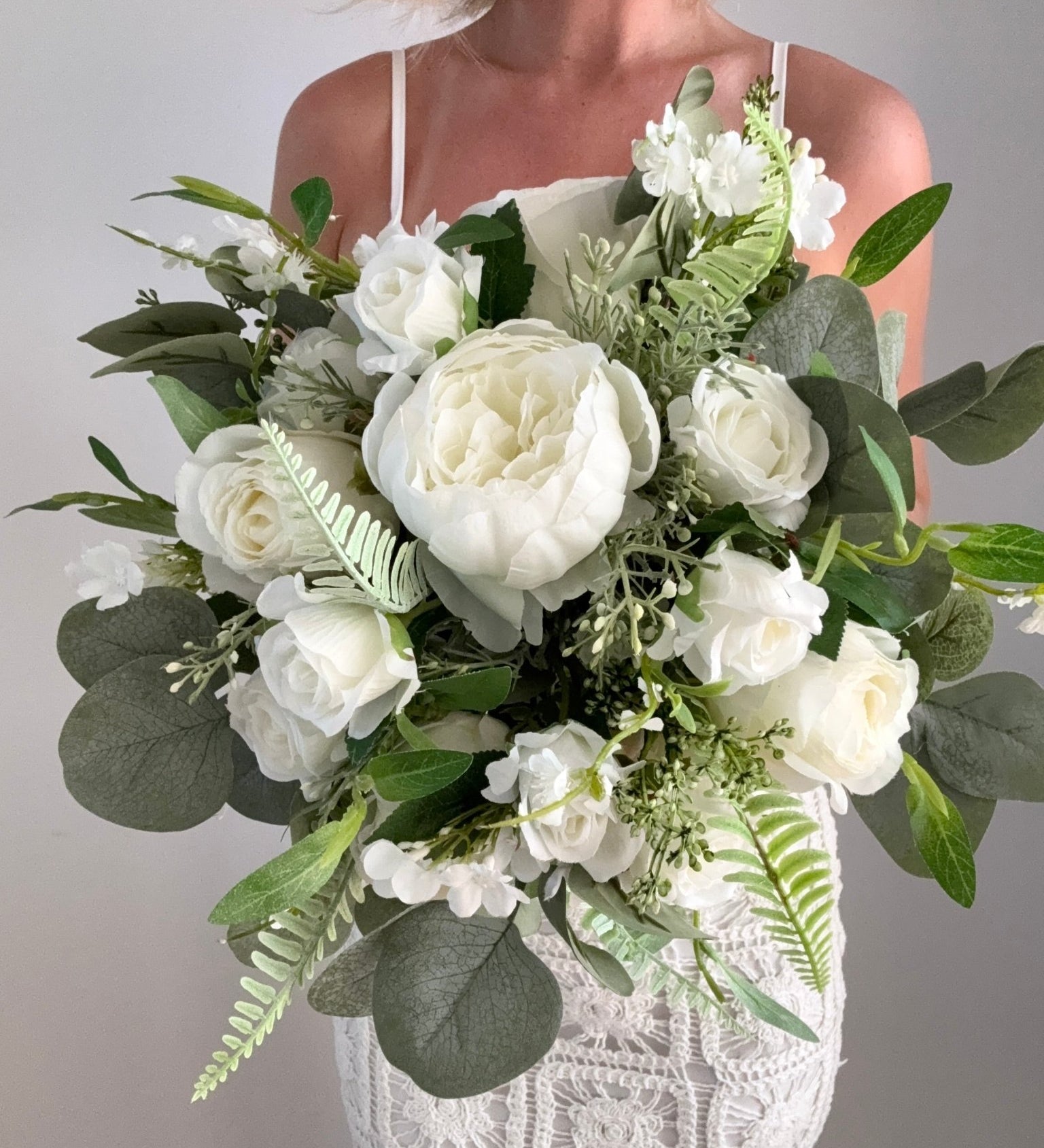 Artificial flowers Wedding Bouquet - White Rose + Greenery - Sonder + Stone Boutique